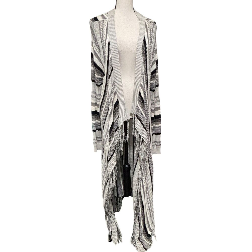 Almost Famous Maxi Sweater Duster Sz Large Gray & Black Fringed